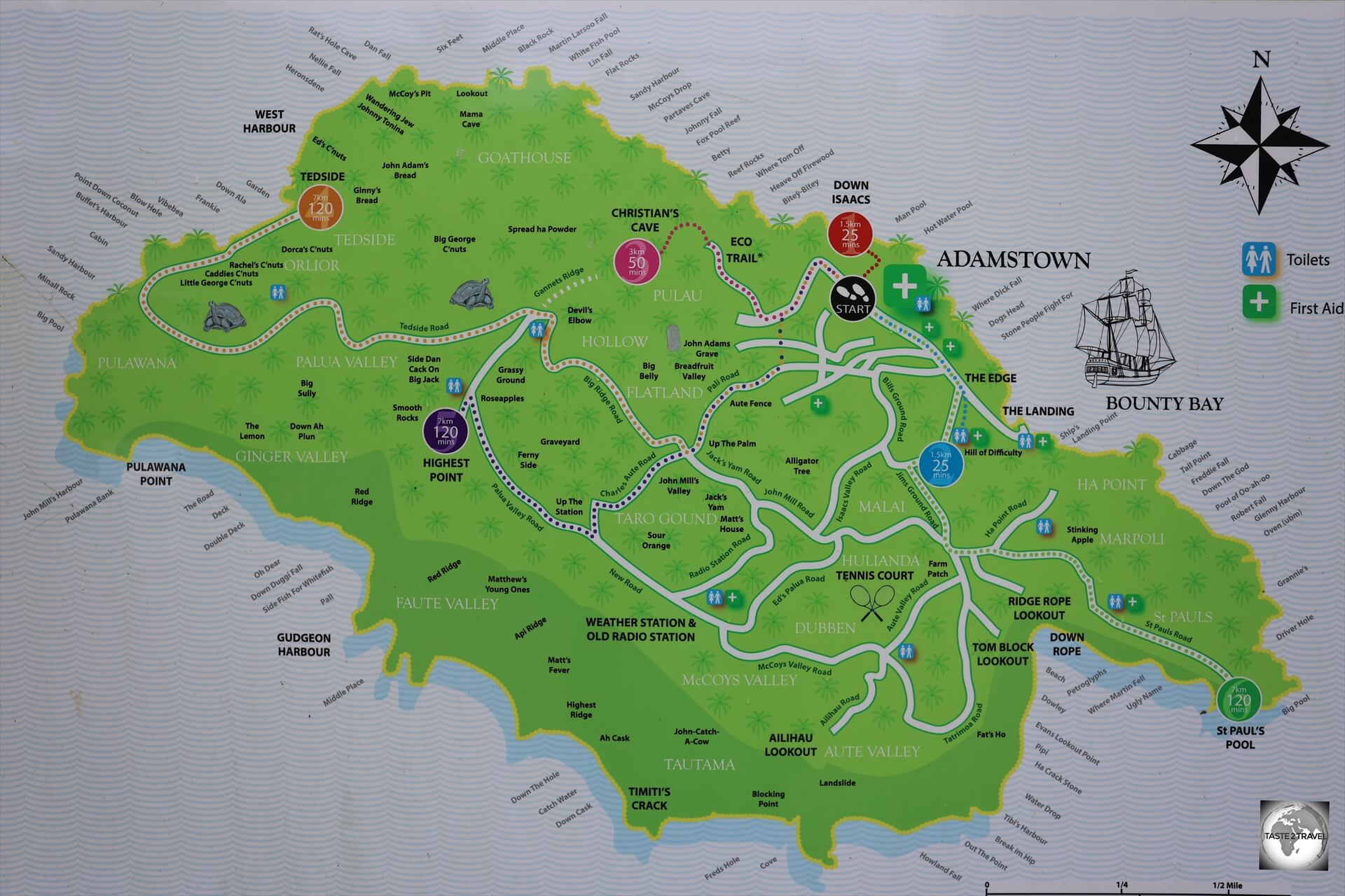 A map in Adamstown indicates places, sights and walking trails on Pitcairn Island. 