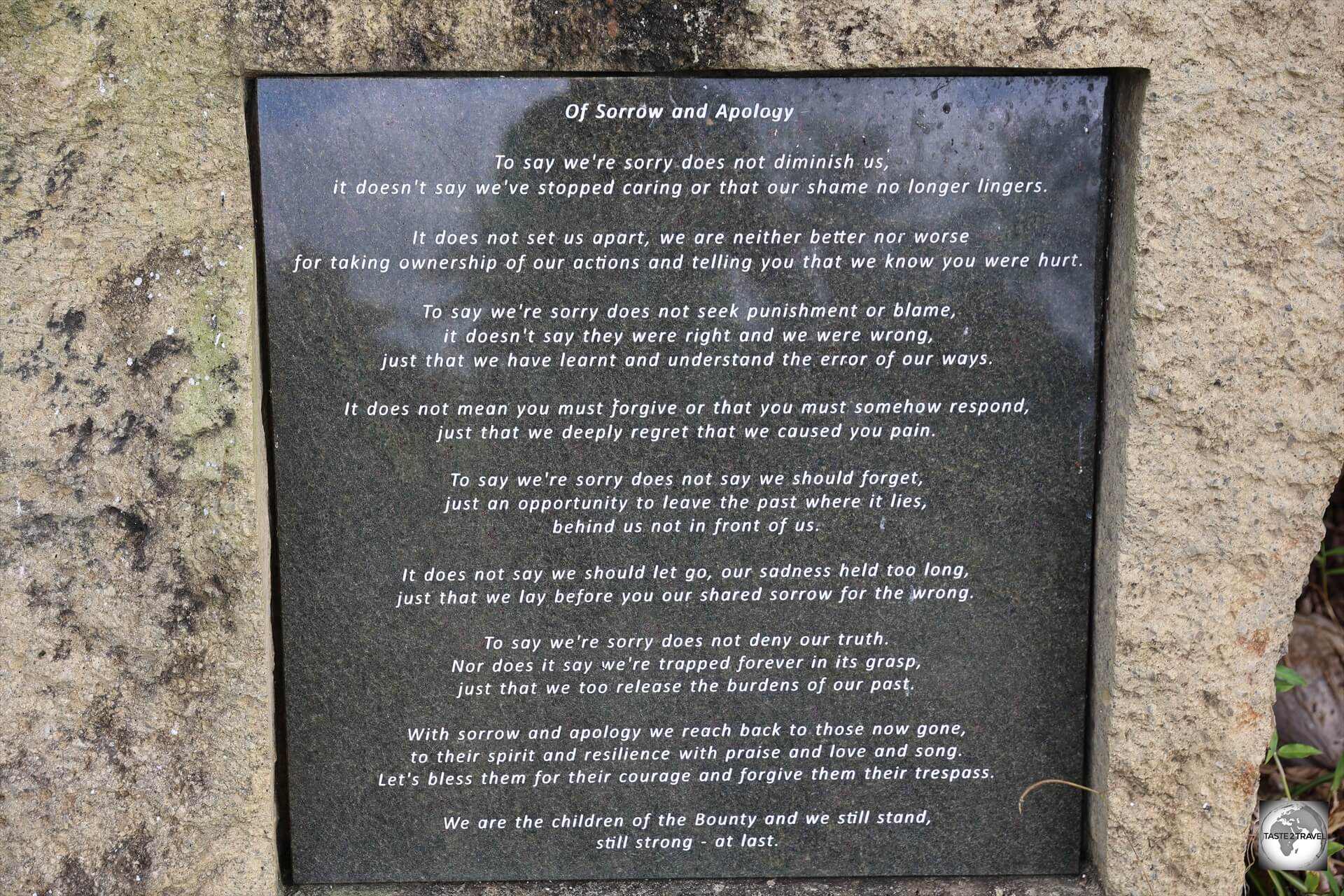 A plaque installed at the Pitcairn cemetery offers and apology for the sexual offenses of the past.