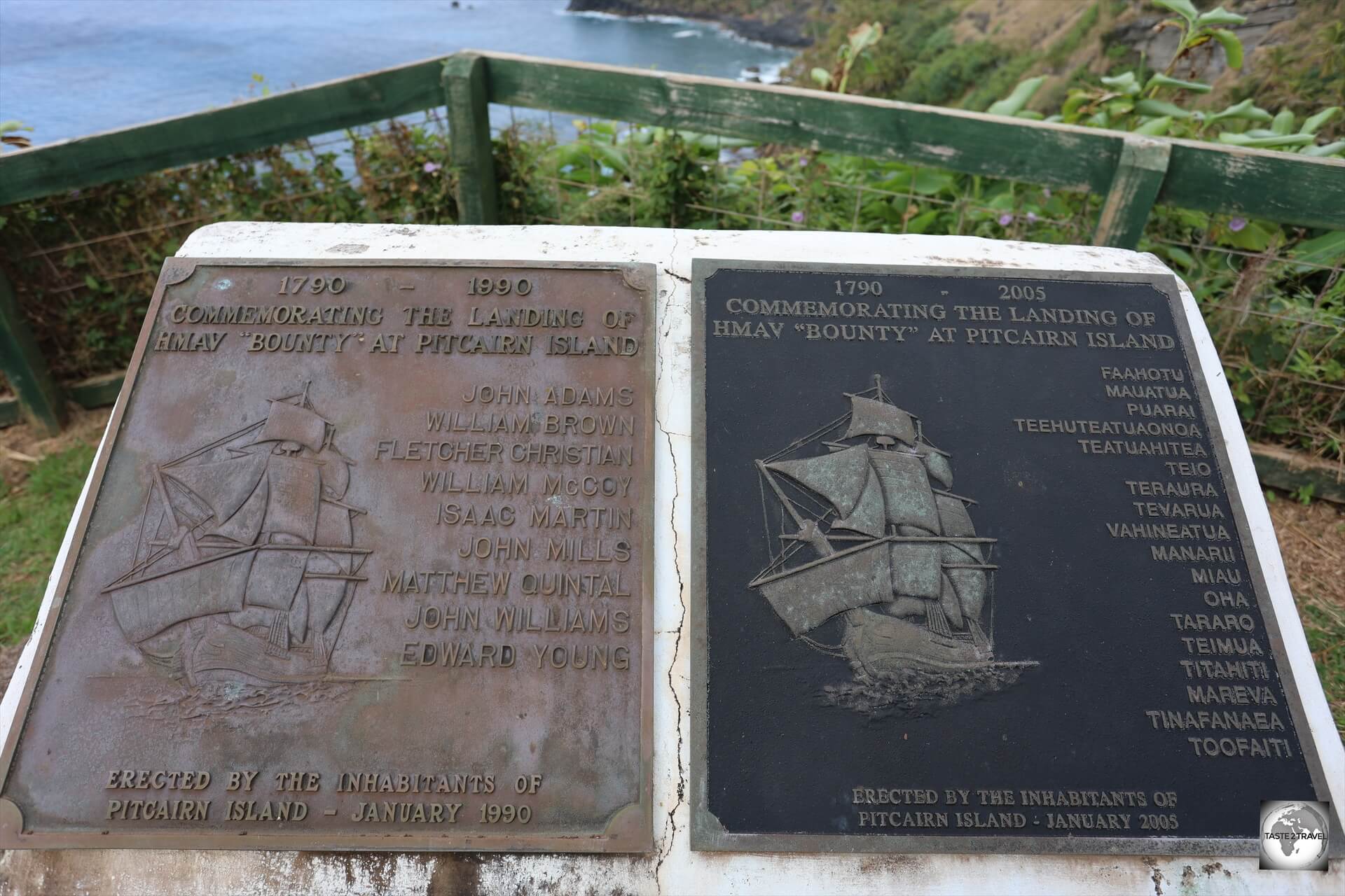 A plaque, which overlooks Bounty Bay, commemorates the Bounty Mutineers and their Tahitian wives, who first settled on Pitcairn Island in 1790. 