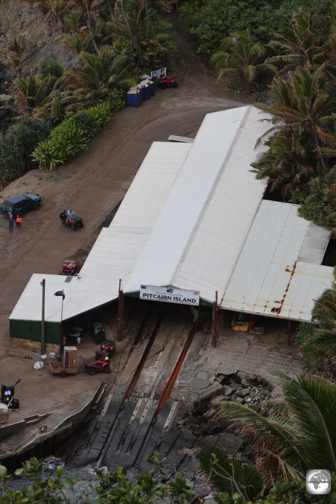 A view of the longboat shed at Bounty Bay from Adamstown.