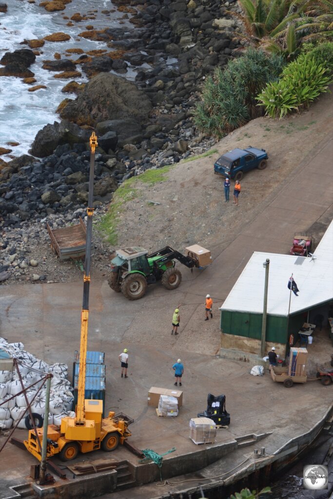 Unloading the quarterly supply shipment at Bounty Bay.