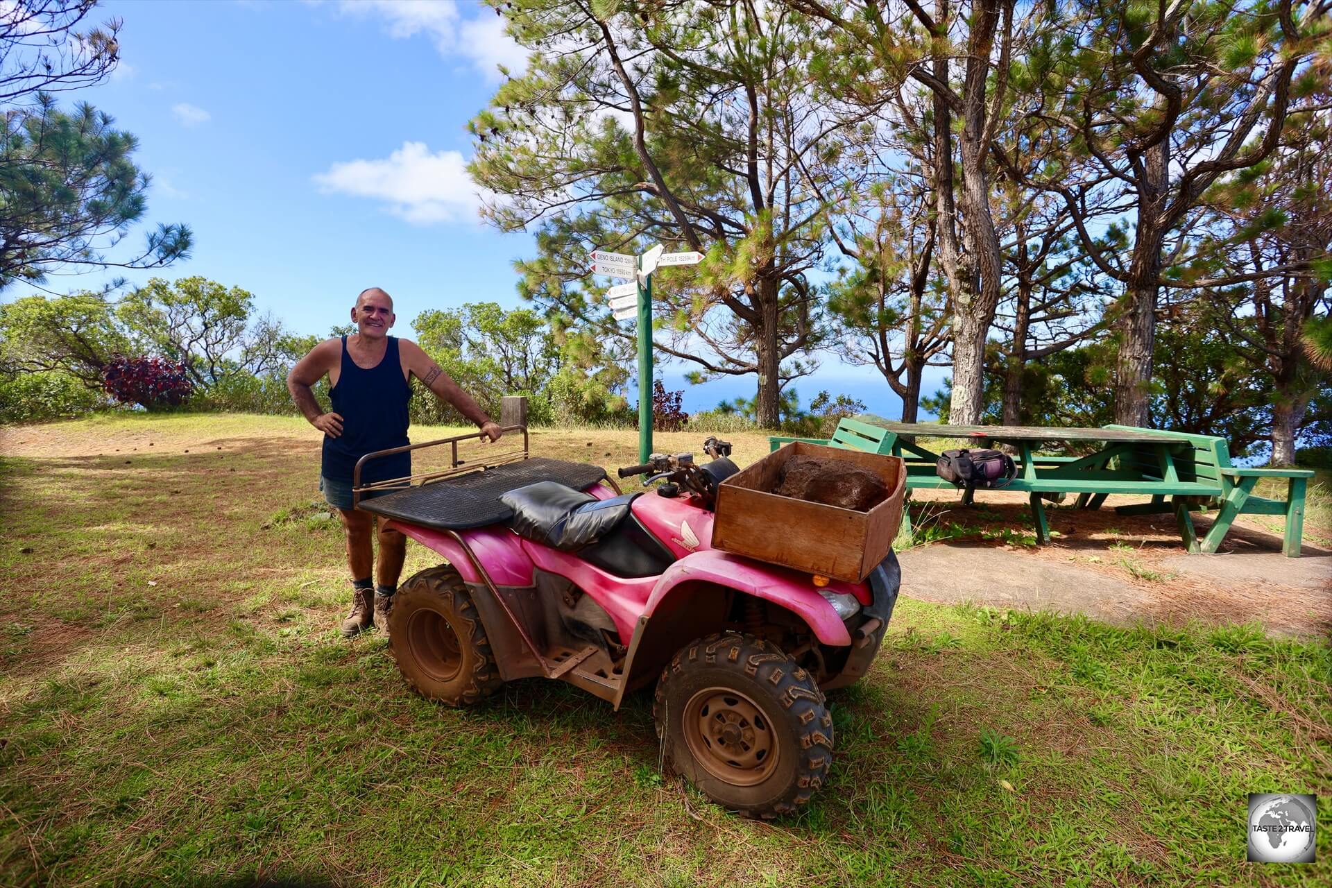 Exploring Pitcairn Island with my host Kerry Young on his quad bike. 