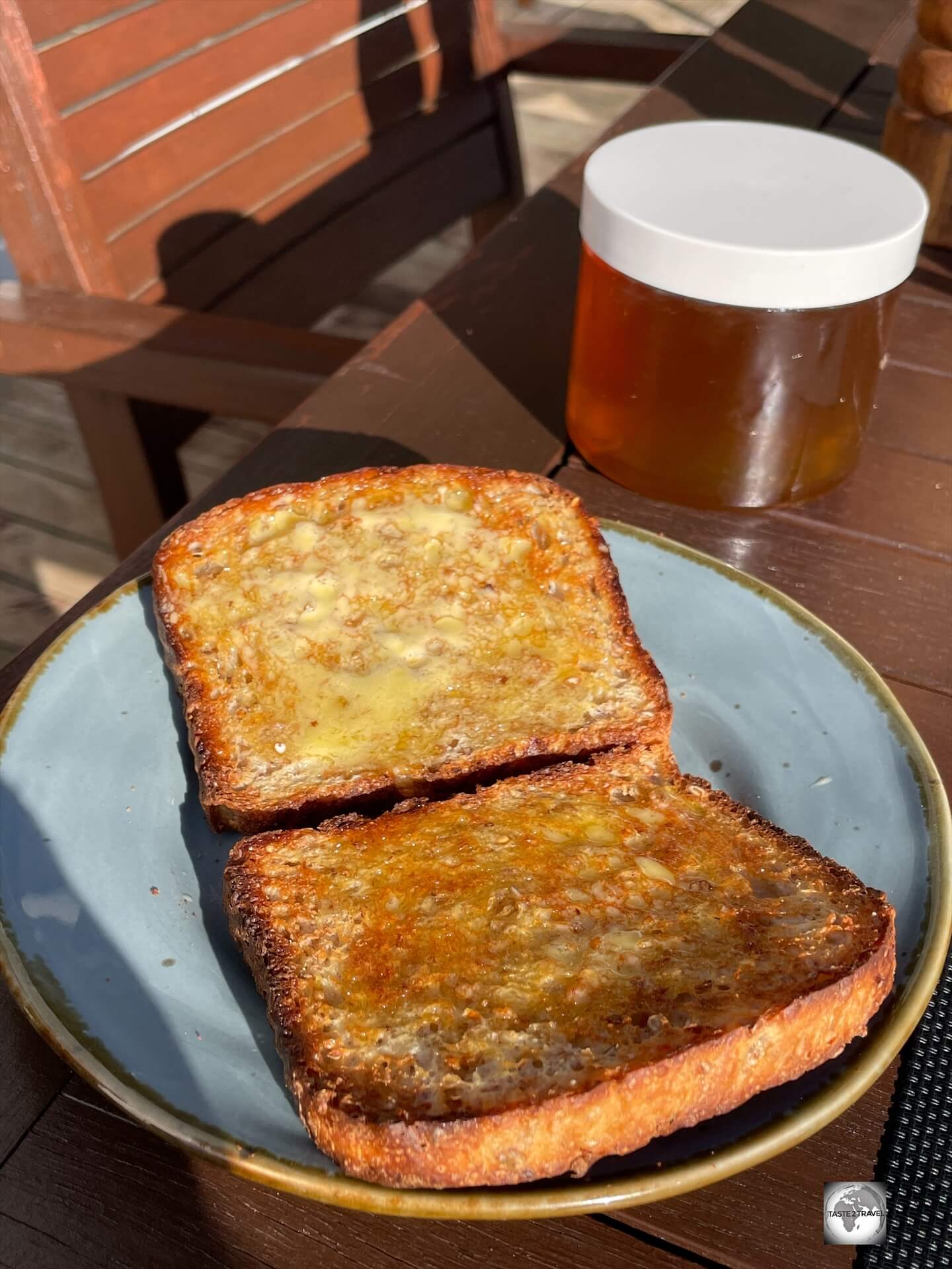 Pitcairn honey on toast for breakfast at my homestay. 