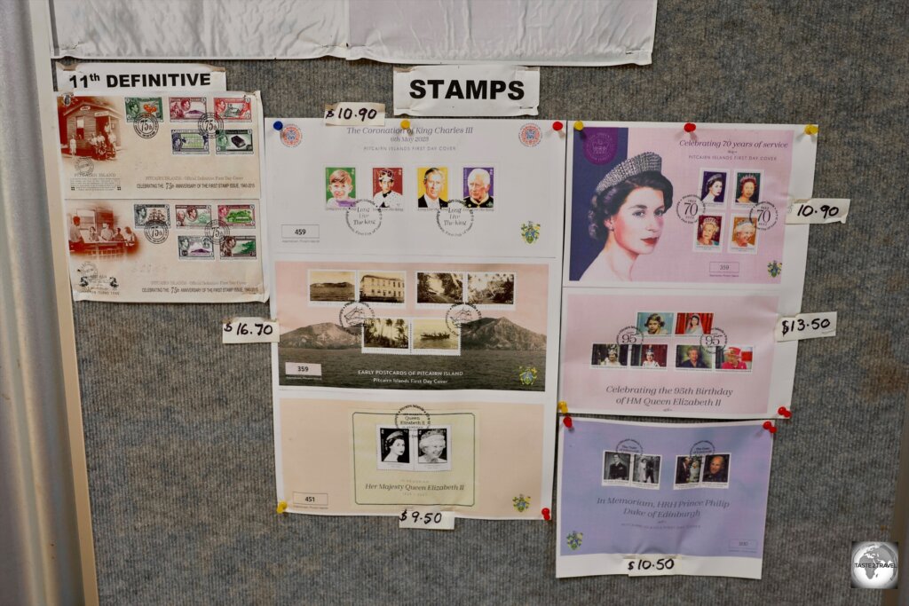 A display of stamps for sale at the Pitcairn post office.