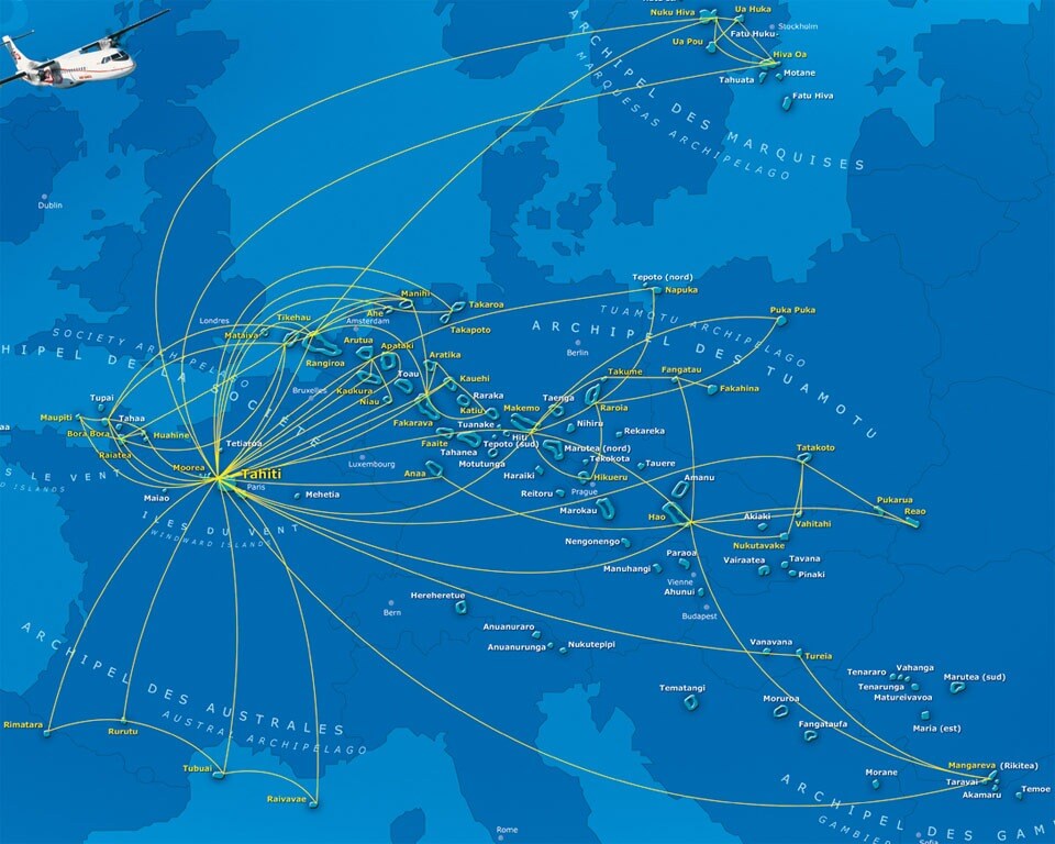 French Polynesia Travel Guide: The Air Tahiti Route Map, superimposed on a map of Europe, illustrates the vastness of the territory.