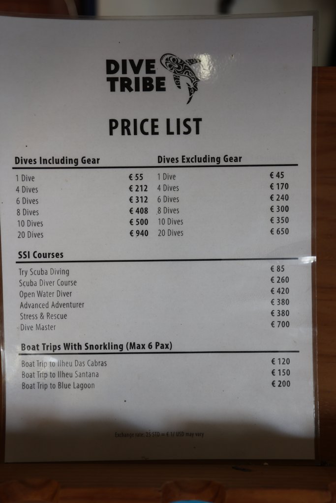 Scuba diving price list, at Dive Tribe in Sao Tome.