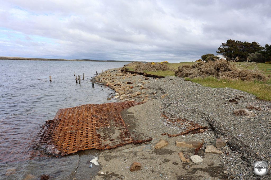Relics from the Falklands War remain on the waterfront at Darwin settlement.