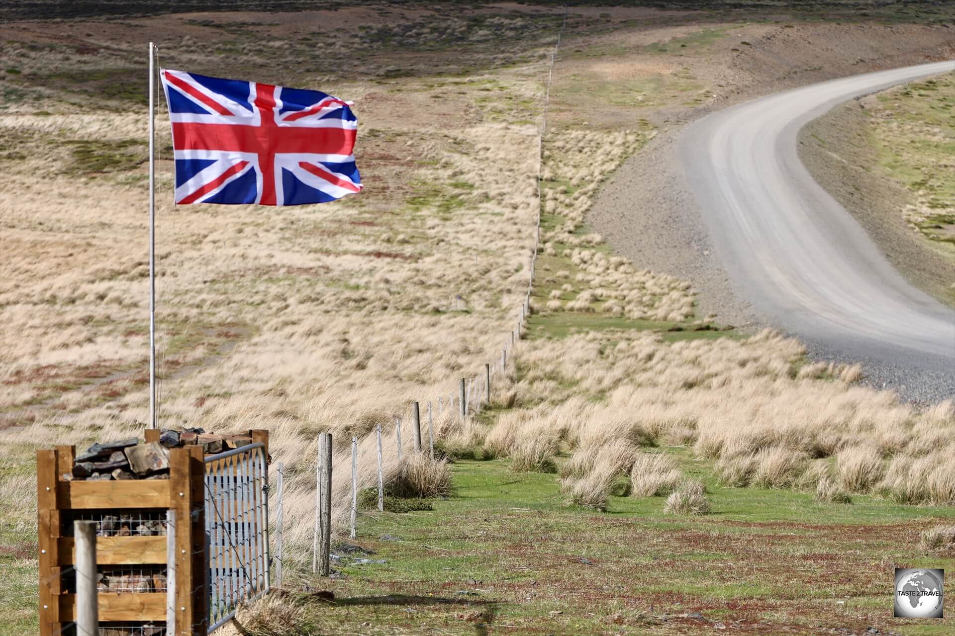 The Union Jack, flying in the Falklands countryside.