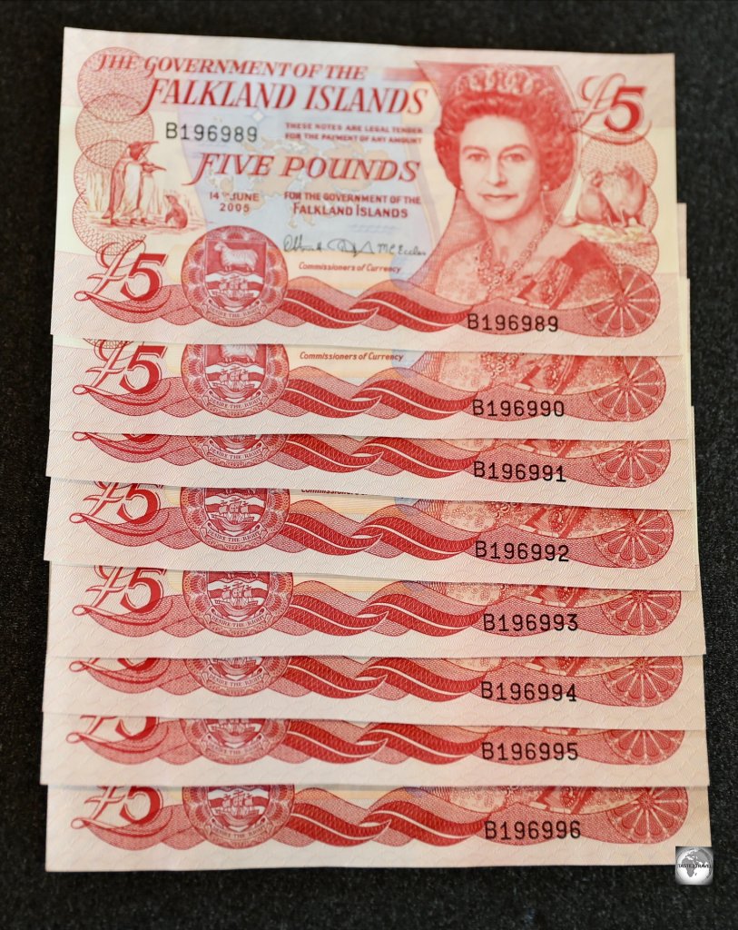 My uncirculated £5 Falkland Islands bank notes - in numerical order.