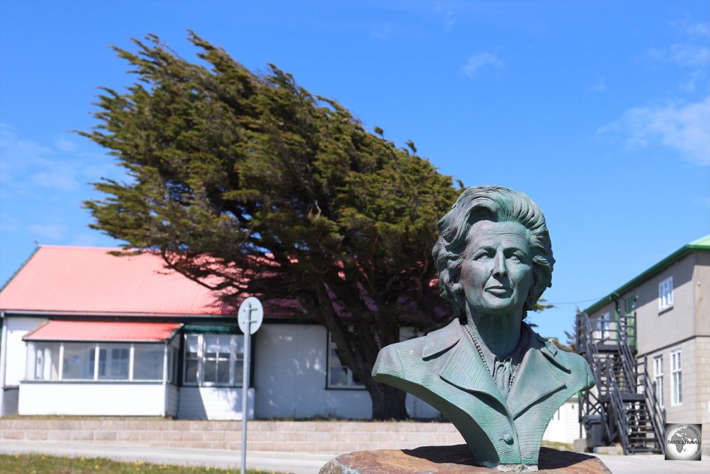 A bust of Margaret Thatcher, whose decision-making was instrumental in winning the Falklands War, in Stanley.