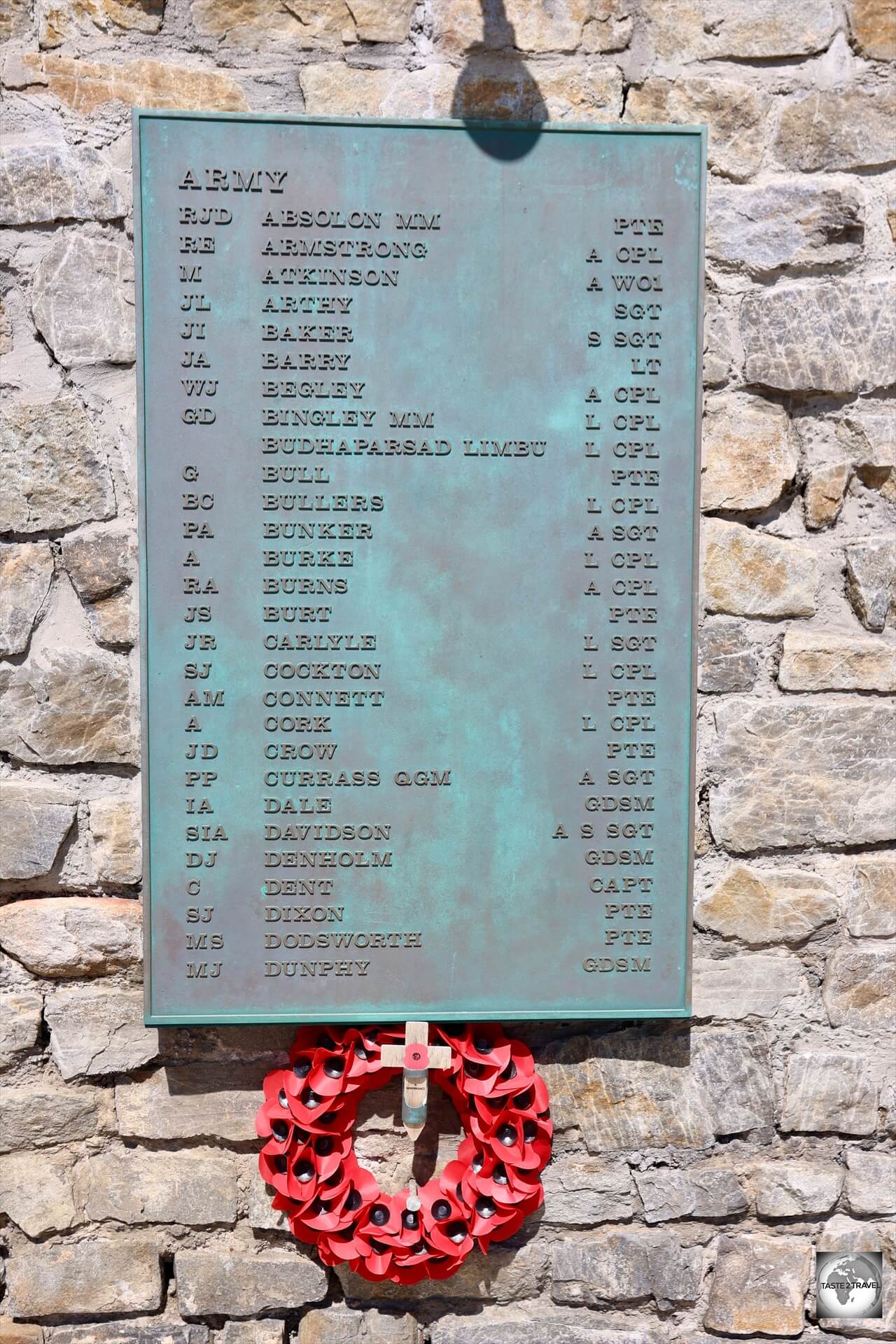 The names of the 255 British military personnel who died during the war are listed on ten plaques.