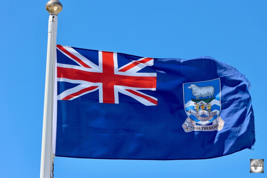 The flag of the Falkland Islands, flying in Stanley.