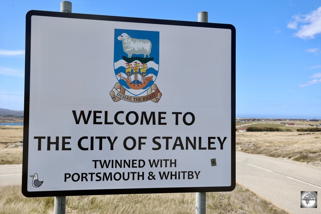 This "Welcome to Stanley" sign is located at the entrance to Stanley, on Airport Road.