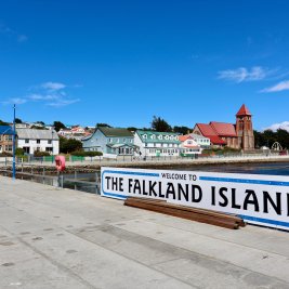 "Welcome to the Falkland Islands" sign in Stanley.