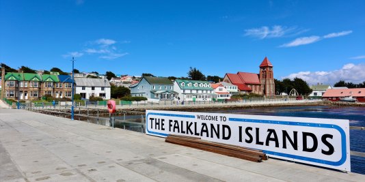 "Welcome to the Falkland Islands" sign in Stanley.