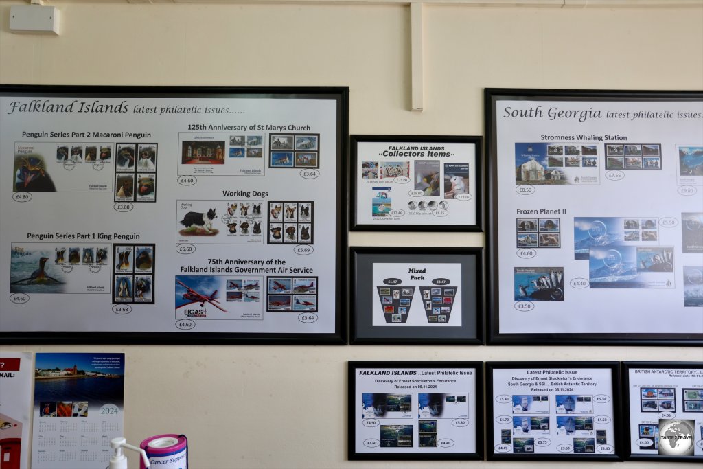 The Stanley post office sells stamps issued by the Falkland Islands, South Georgia Island and the British Antarctic Territory.