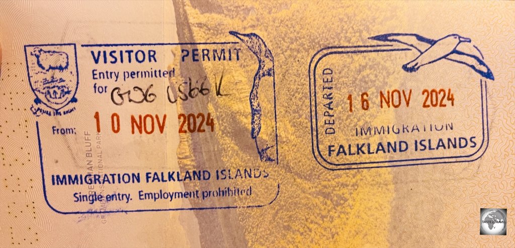 My immigration entry and exit stamps for the Falkland Islands.