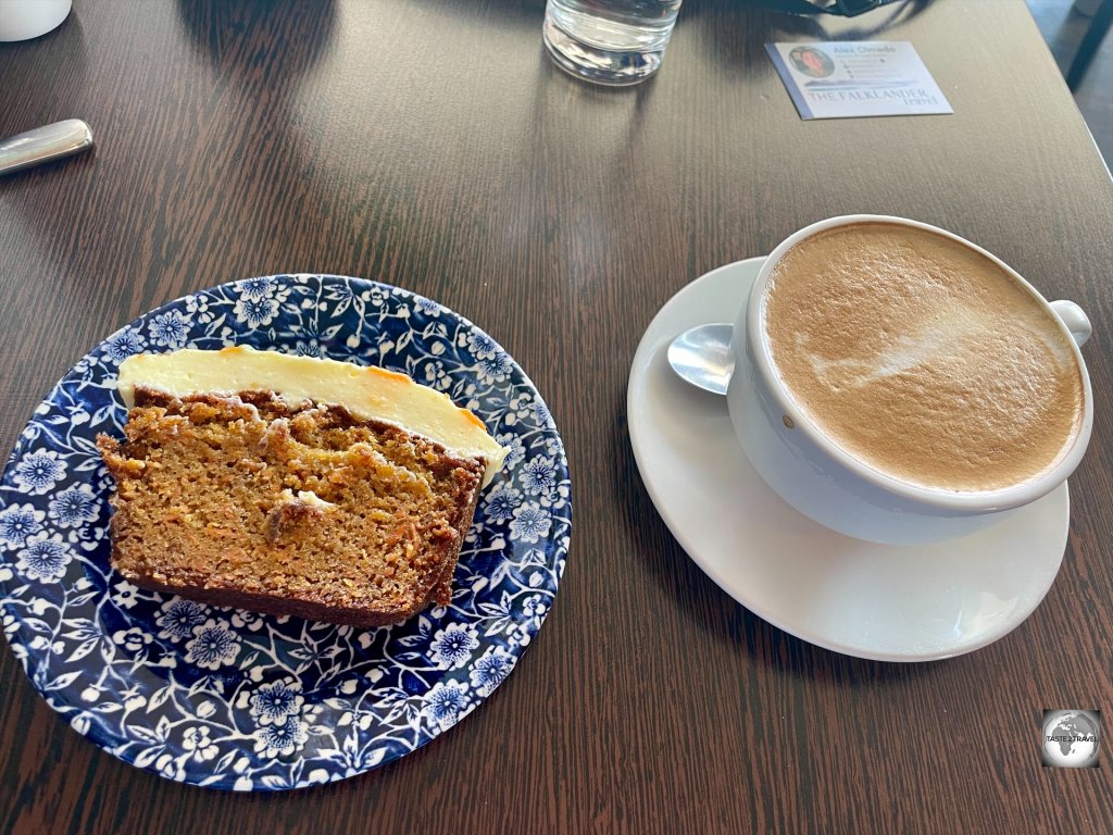 A café latte and a delicious carrot cake at the The Waterfront Hotel Café.
