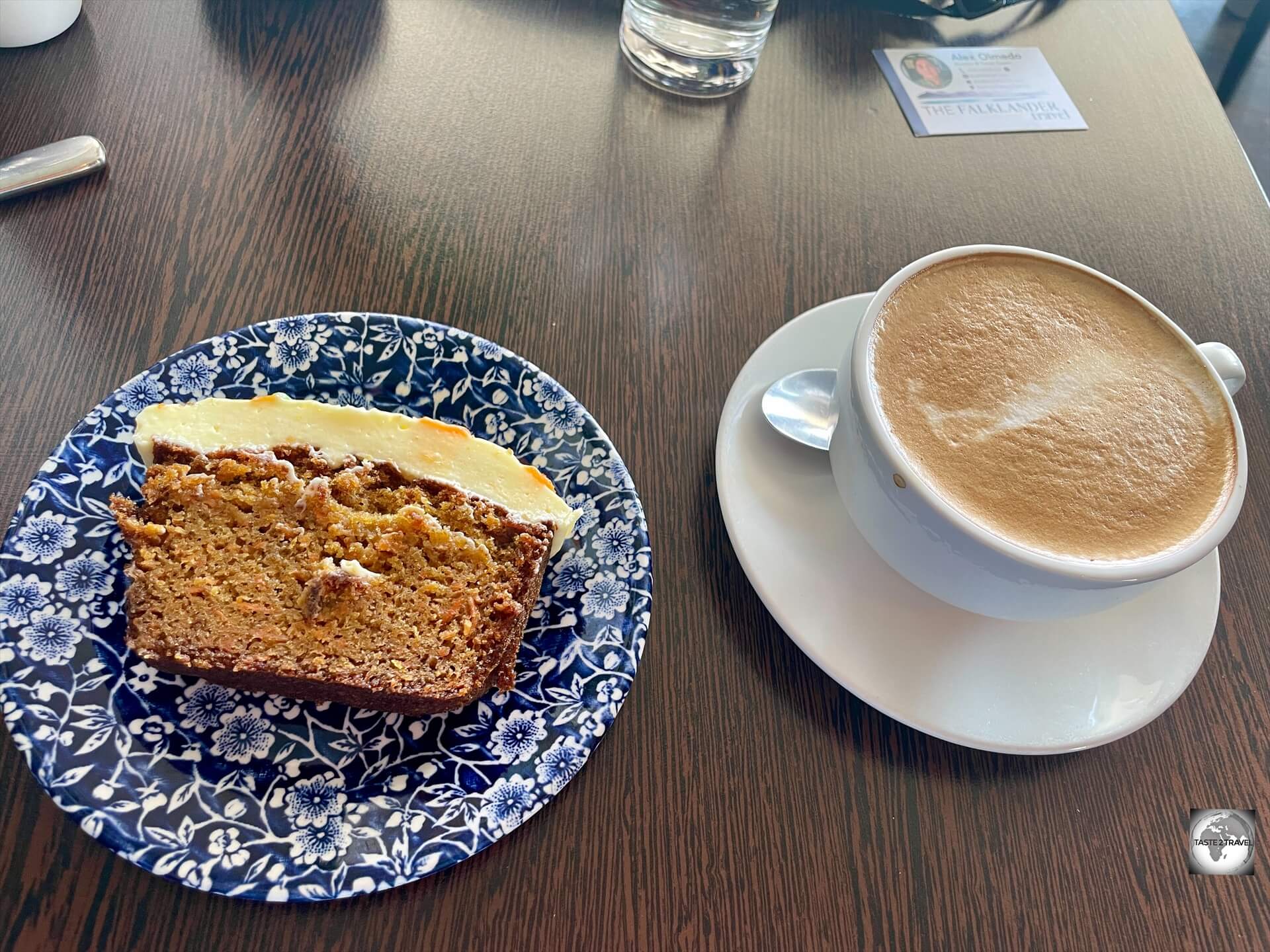 A café latte and a delicious carrot cake at The Waterfront Boutique Hotel Café.