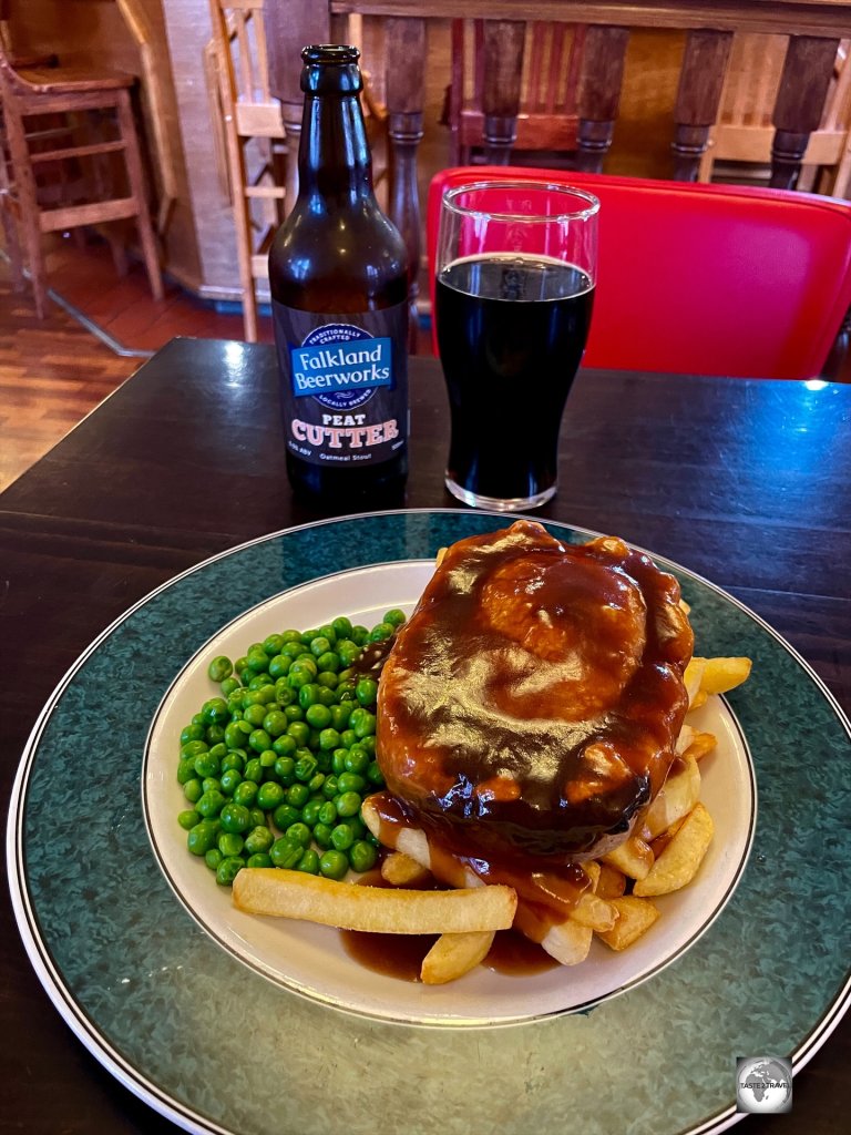 An incredibly large lamb and ale pie at the Narrows Bar in Stanley.