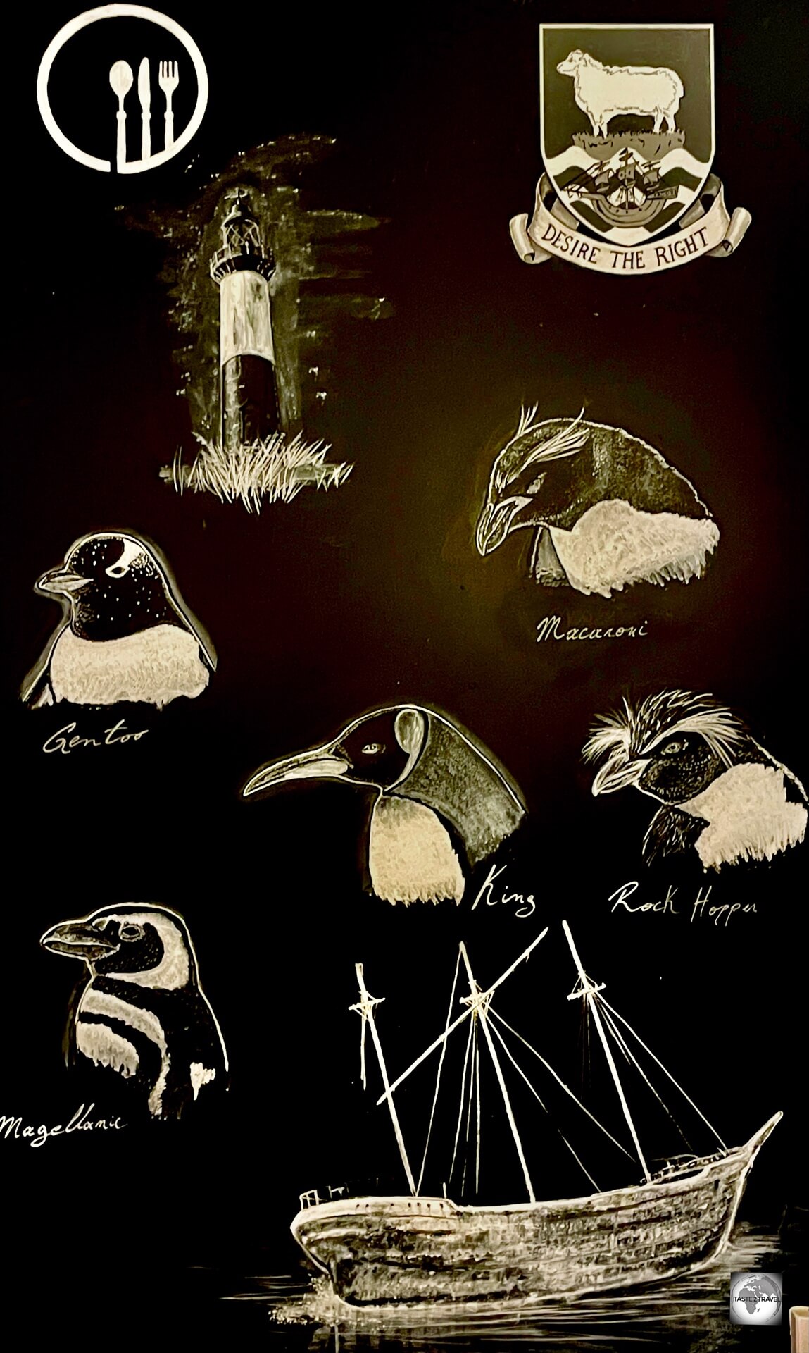 Artwork on the wall of The Narrows Hotel shows the different species of penguins found in the Falkland Islands.