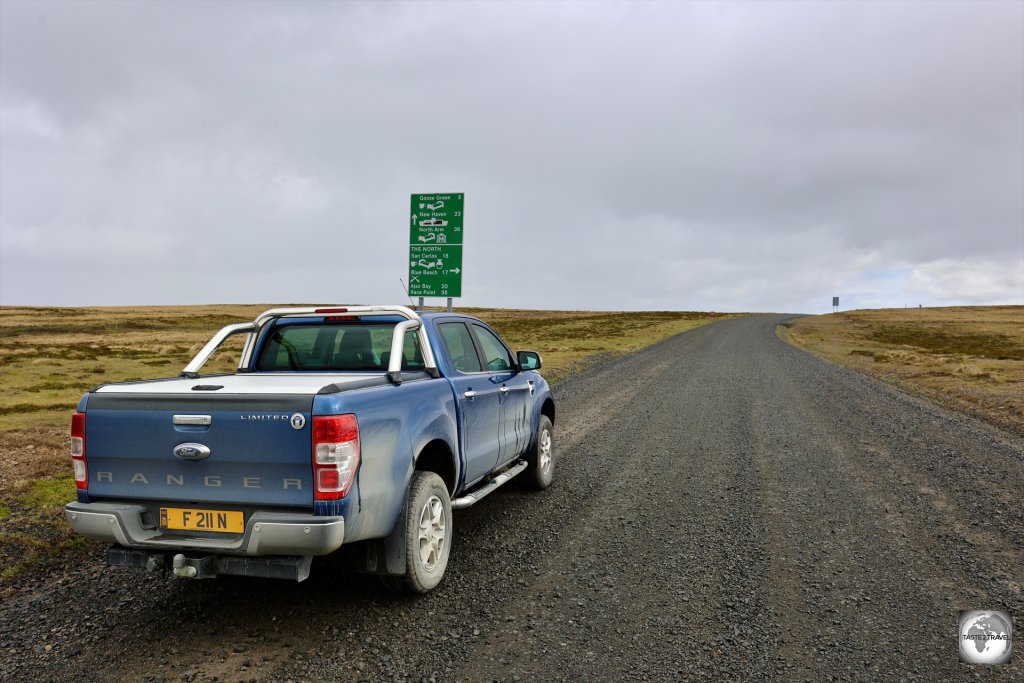 Exploring the remote and lonely Falkland Islands countryside in my rental car.