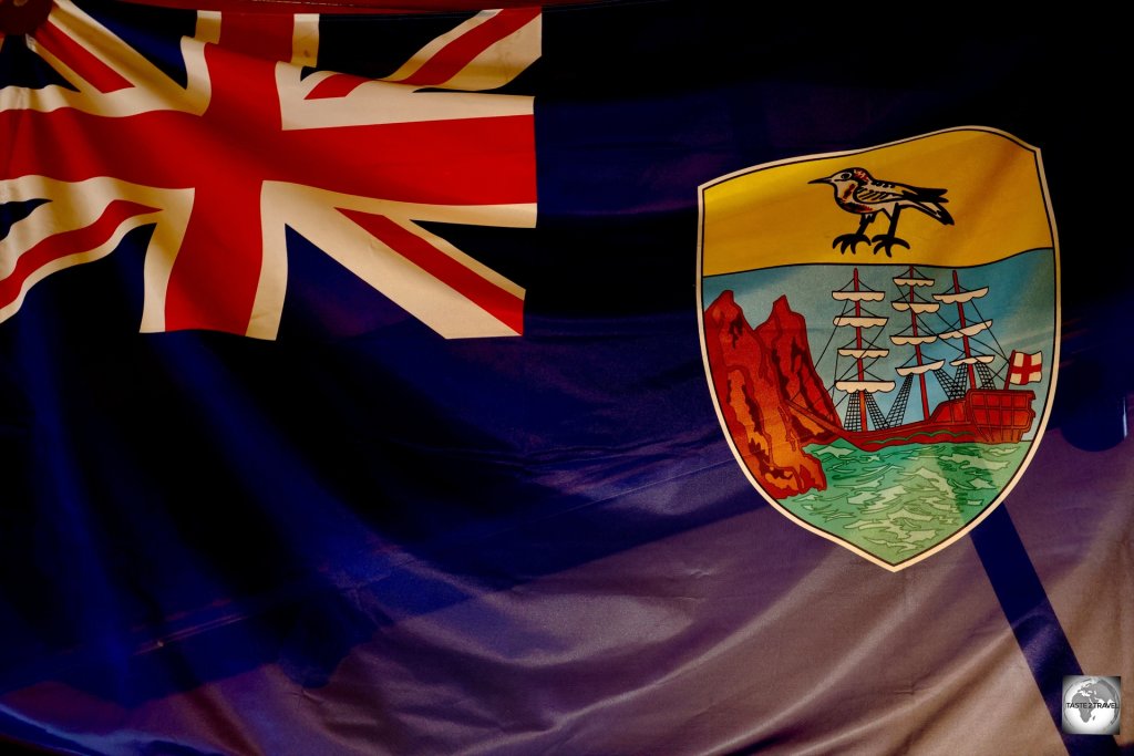 The flag of Saint Helena at the Saint Helena museum in Jamestown.