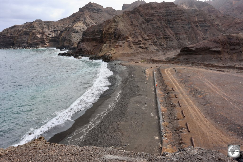 The black sand beach at Sandy Bay, the largest stretch of sand on Saint Helena.