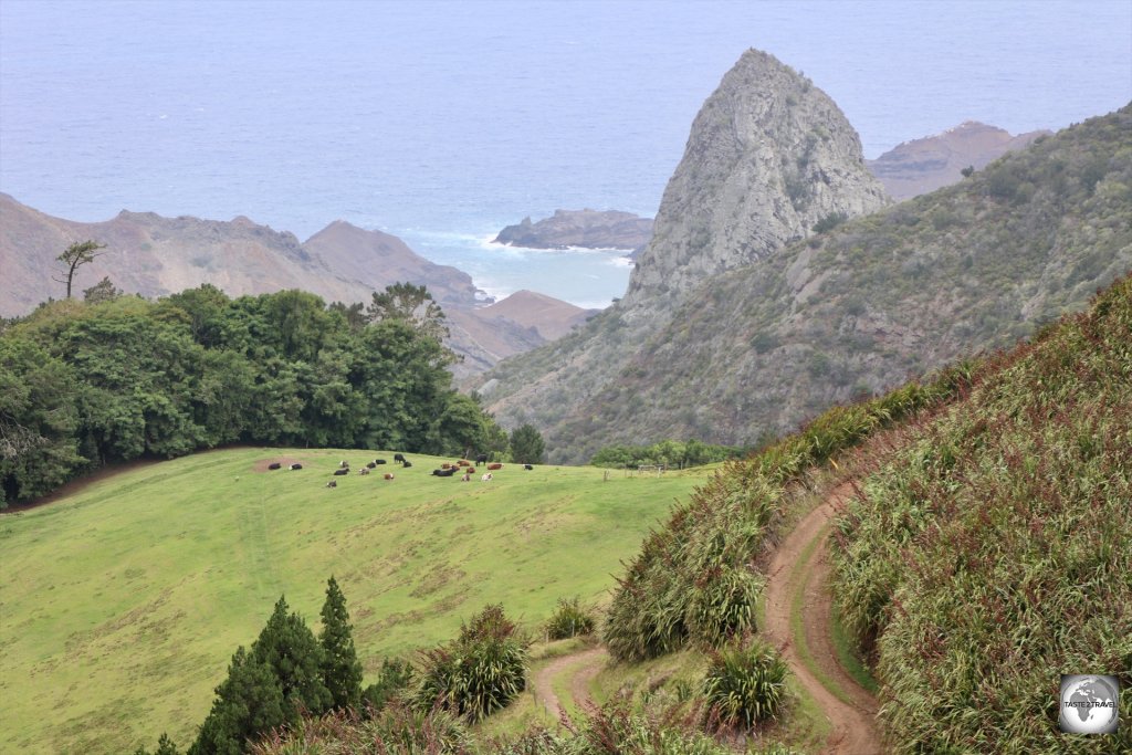 A view of 'Lot', a large volcanic plug, and Sandy Bay in the background, from the road to Blue Point.