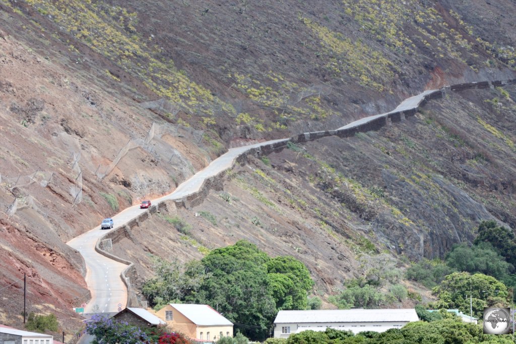 A view of the newly widened concrete road which connects Jamestown with other parts of the island.
