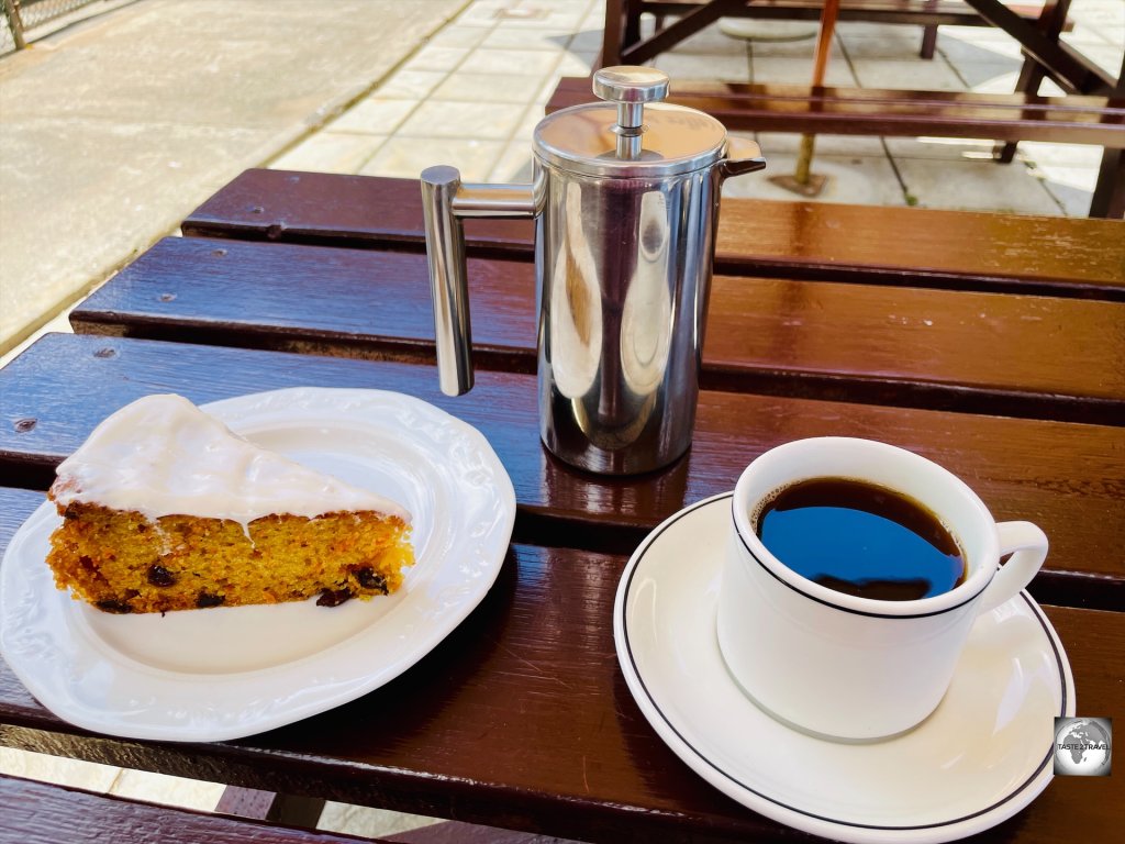 Enjoying a pot of Saint Helena coffee with a fine carrot cake at the St Helena coffee shop in Jamestown.