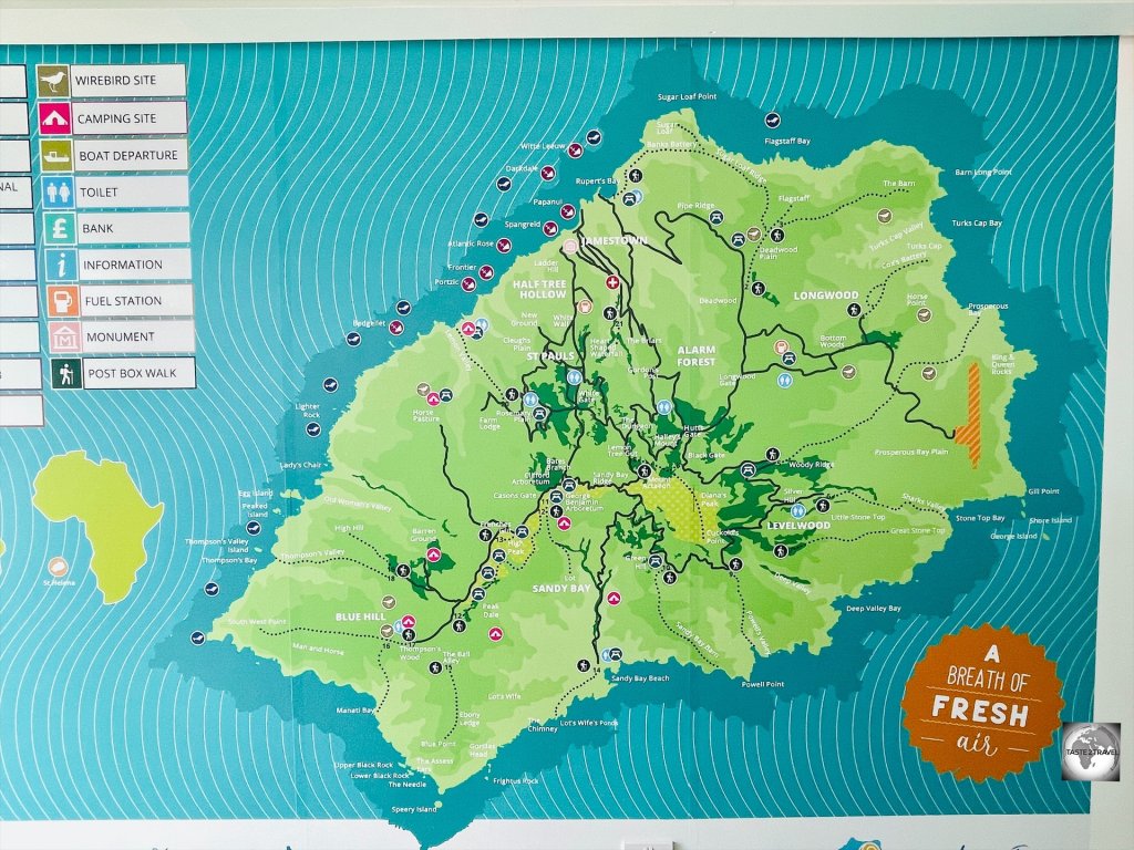 This wall map of Saint Helena is displayed in the arrivals hall of the airport.