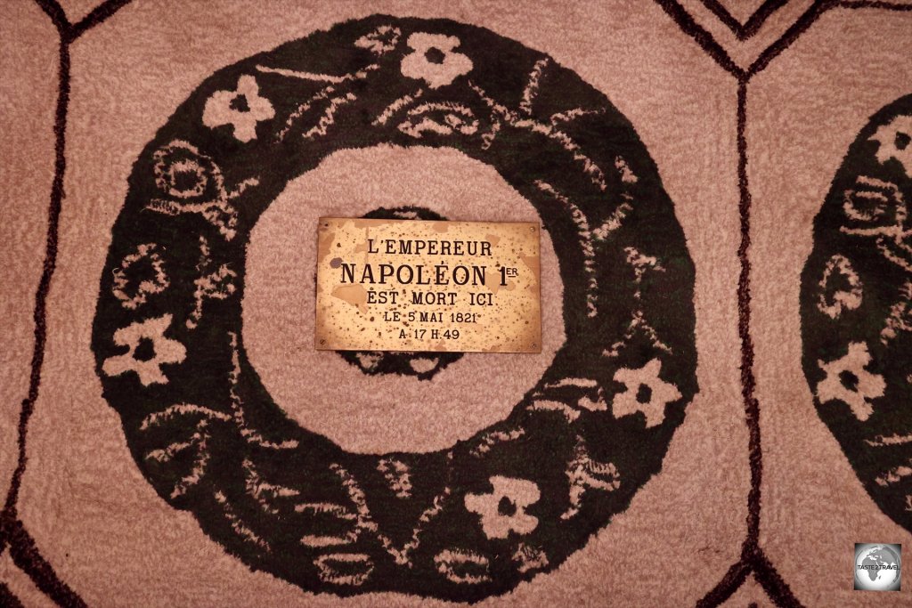 A brass plaque in front of Napoleon's bed marks the spot where Napoleon died in 1821.