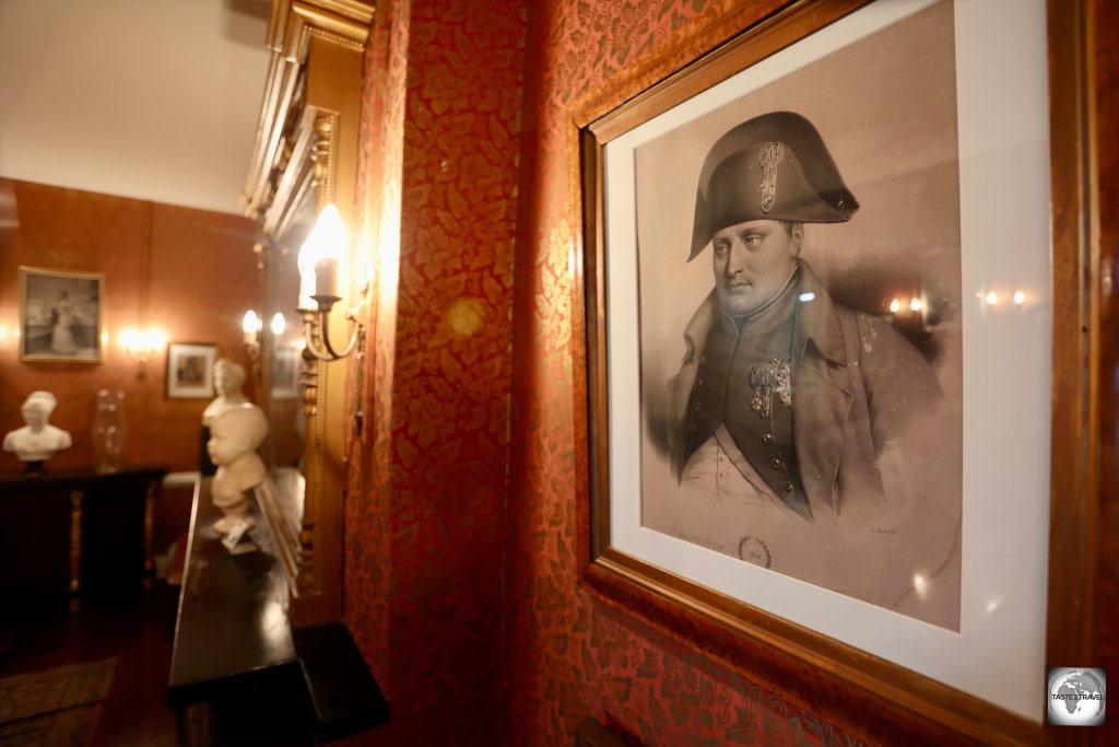 A portrait of Napoleon Bonaparte hangs on the wall of the library at Longwood House, where he was kept prisoner from 1815 until his death in 1821.