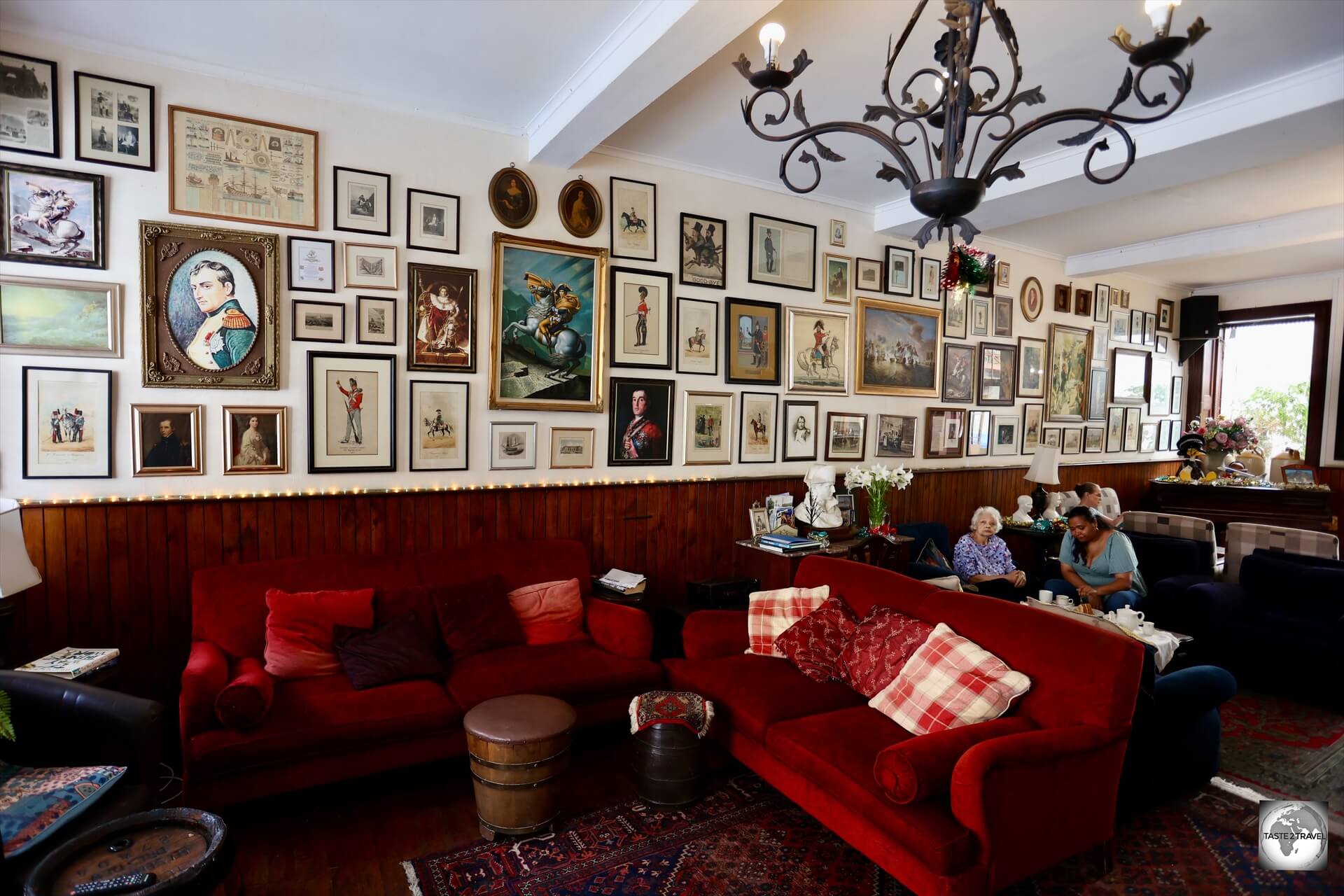 The walls of the tea room at the Consulate Hotel in Jamestown are decorated with Napoleon memorabilia.