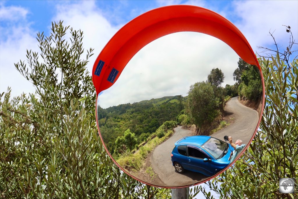 Roadside mirrors everywhere on Saint Helena - a typical hair-pin turn!