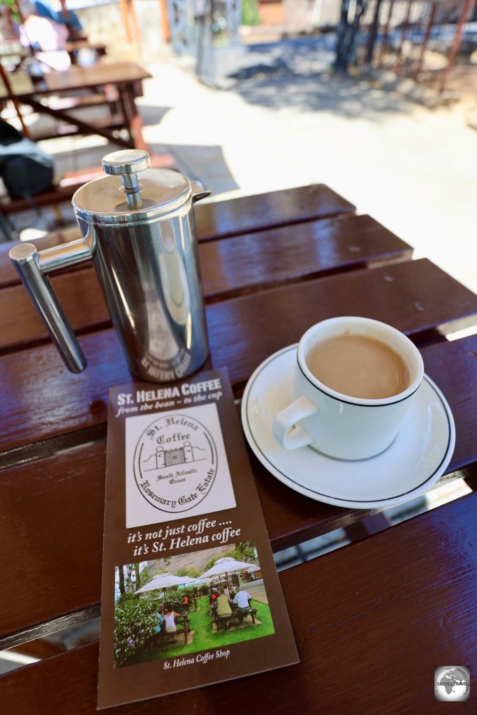 Enjoying a cup of the truly divine-tasting Saint Helena coffee at the St Helena Coffee Shop in Jamestown.