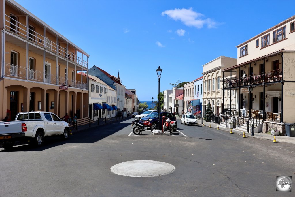 A view of the main street of Jamestown, with the post office on the left.
