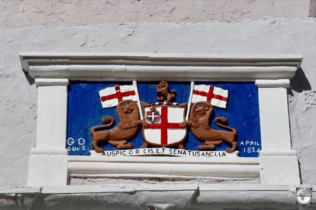 The coat of arms of the English East India Company adorn the main entrance to The Castle in Jamestown.
