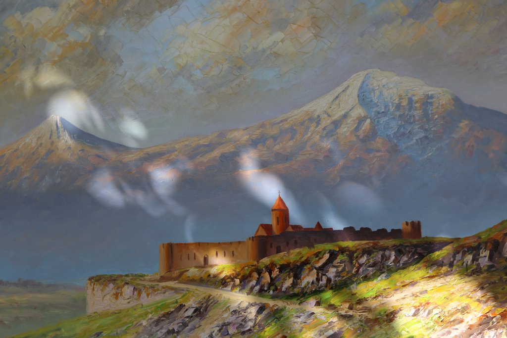 A painting depicting Khor Virap monastery, with Mount Ararat in the background.