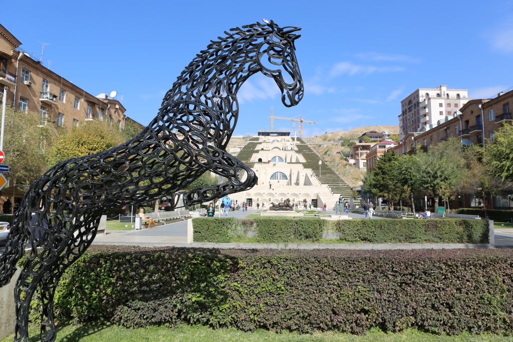 An unusual horse statue, made of metal horseshoes, in the Cascade Sculpture Park in Yerevan.