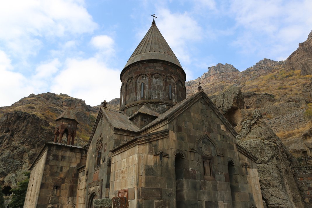 Founded in the 4th-century (CE), Geghard is a medieval monastery which is partially carved out of the adjacent mountain, surrounded by cliffs.