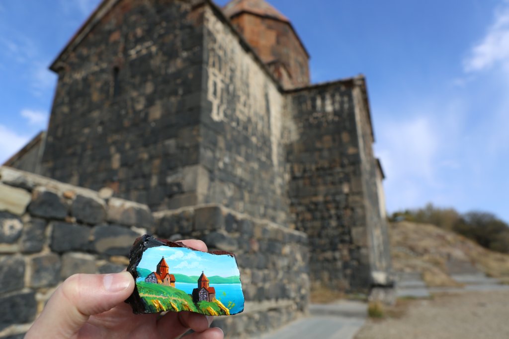 A painting of Savanavank Monastery on a piece of basalt stone.