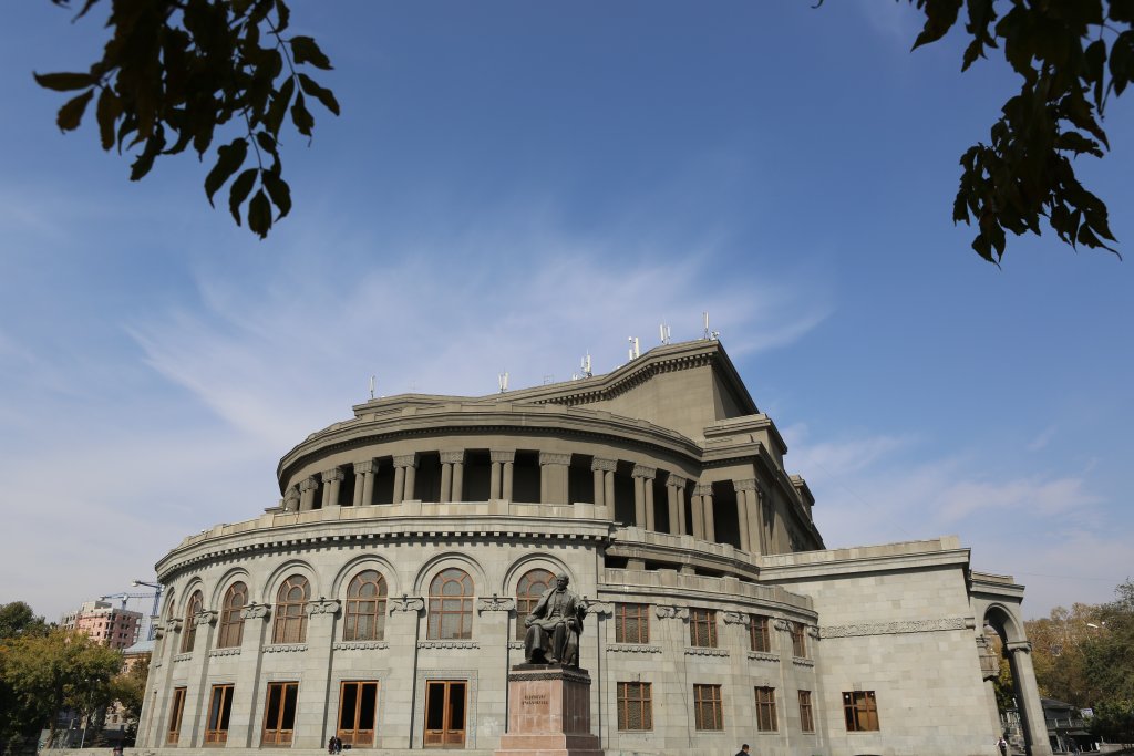 A summertime view of the Armenian National Opera and Ballet Theatre in Yerevan.