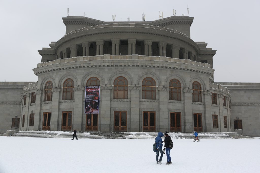 A winter view of the rear façade of the Armenian National Opera and Ballet Theatre in Yerevan.