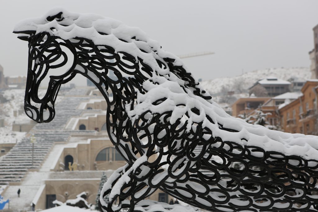 A winter view of the horse statue in the Cascade Sculpture Park in Yerevan.