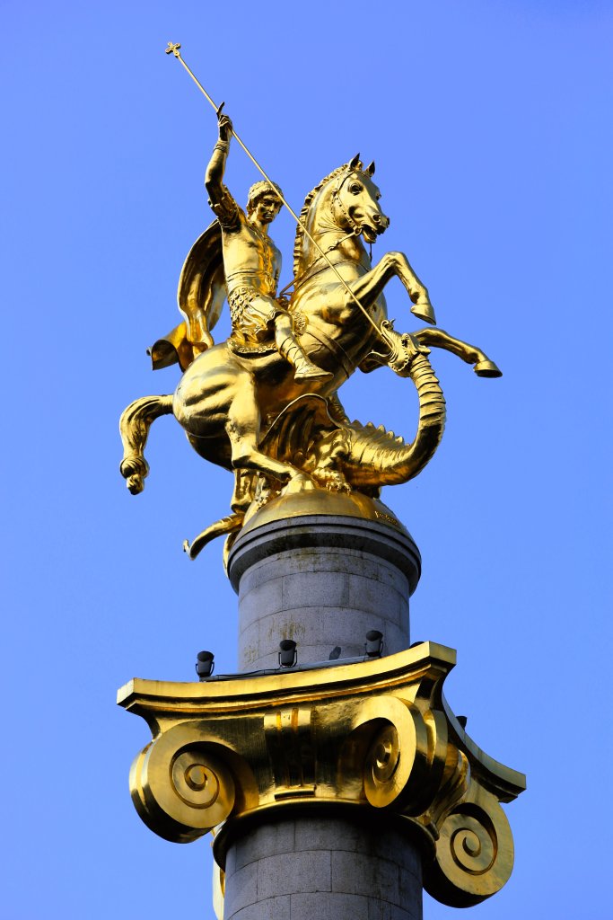 A symbol of Georgia, a gilded statue of St. George slaying the dragon, on Liberty Square in downtown Tbilisi.