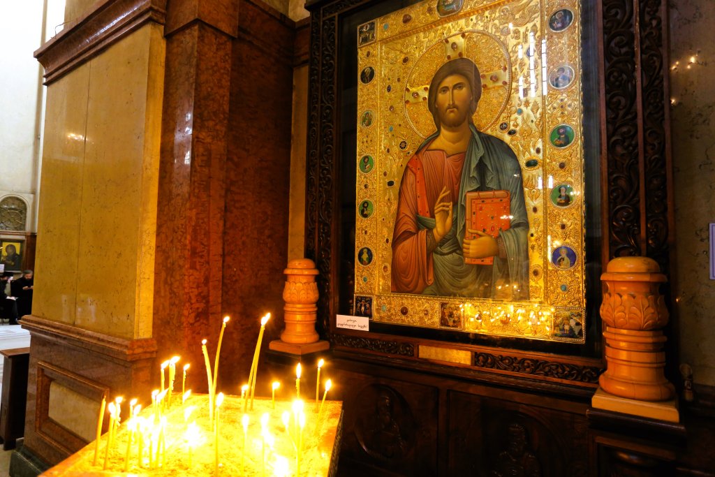 Many historic icons adorn the walls of the Holy Trinity Cathedral in Tbilisi.