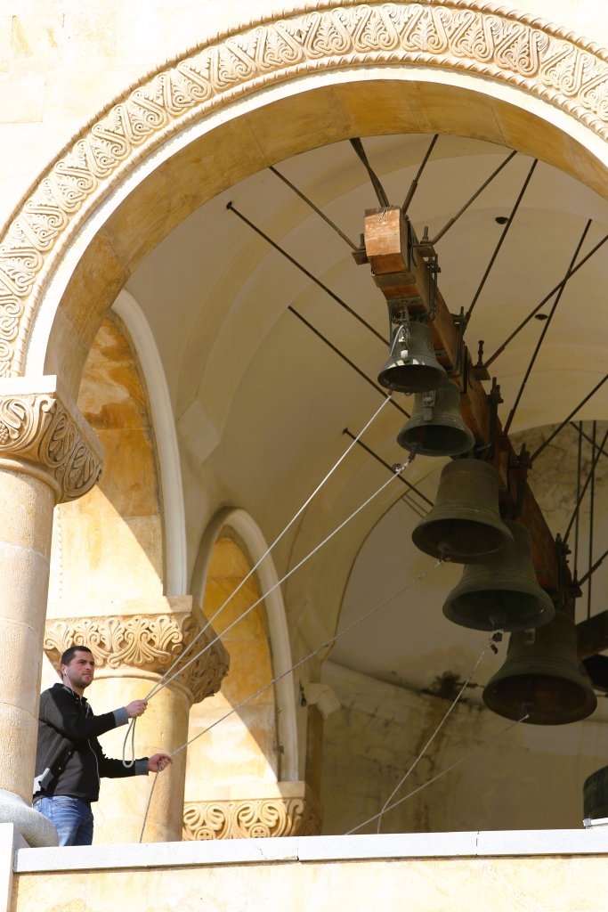 A bell-ringer at the Holy Trinity Cathedral in Tbilisi.