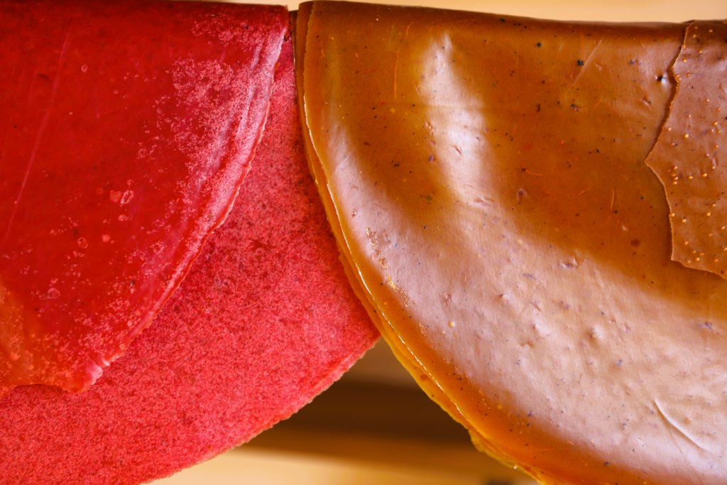 A popular snack since ancient times, "Tklapi" is a traditional Georgian puréed fruit roll-up leather. It is spread thinly onto a sheet and sun-dried on a clothesline.